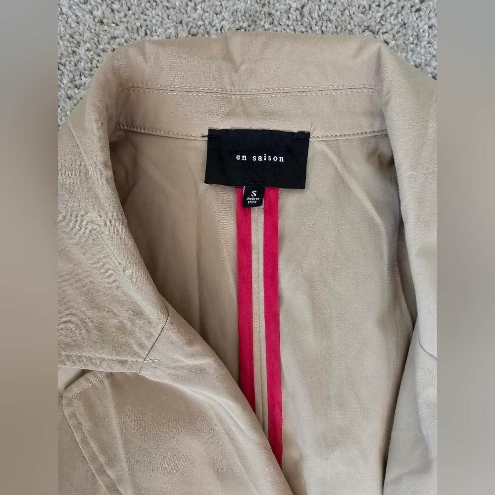 En Saison Tan Trench Coat with Red Floral Embroidery - Picture 8 of 8